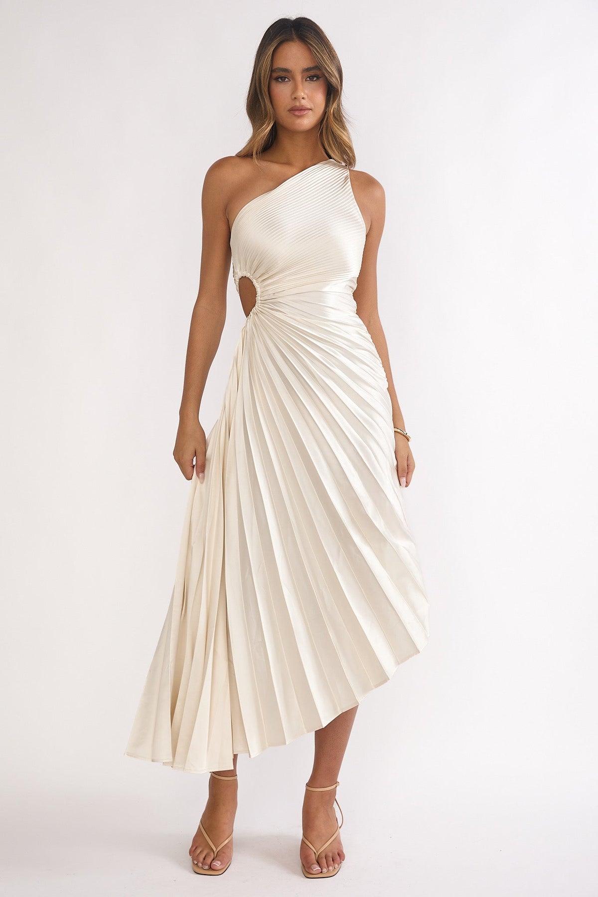 Vestido Brooklynn Um Ombro Só com Plissado Acordeão Champagne