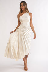Vestido Brooklynn Um Ombro Só com Plissado Acordeão Champagne