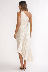 Vestido Brooklynn Um Ombro Só com Plissado Acordeão Champagne