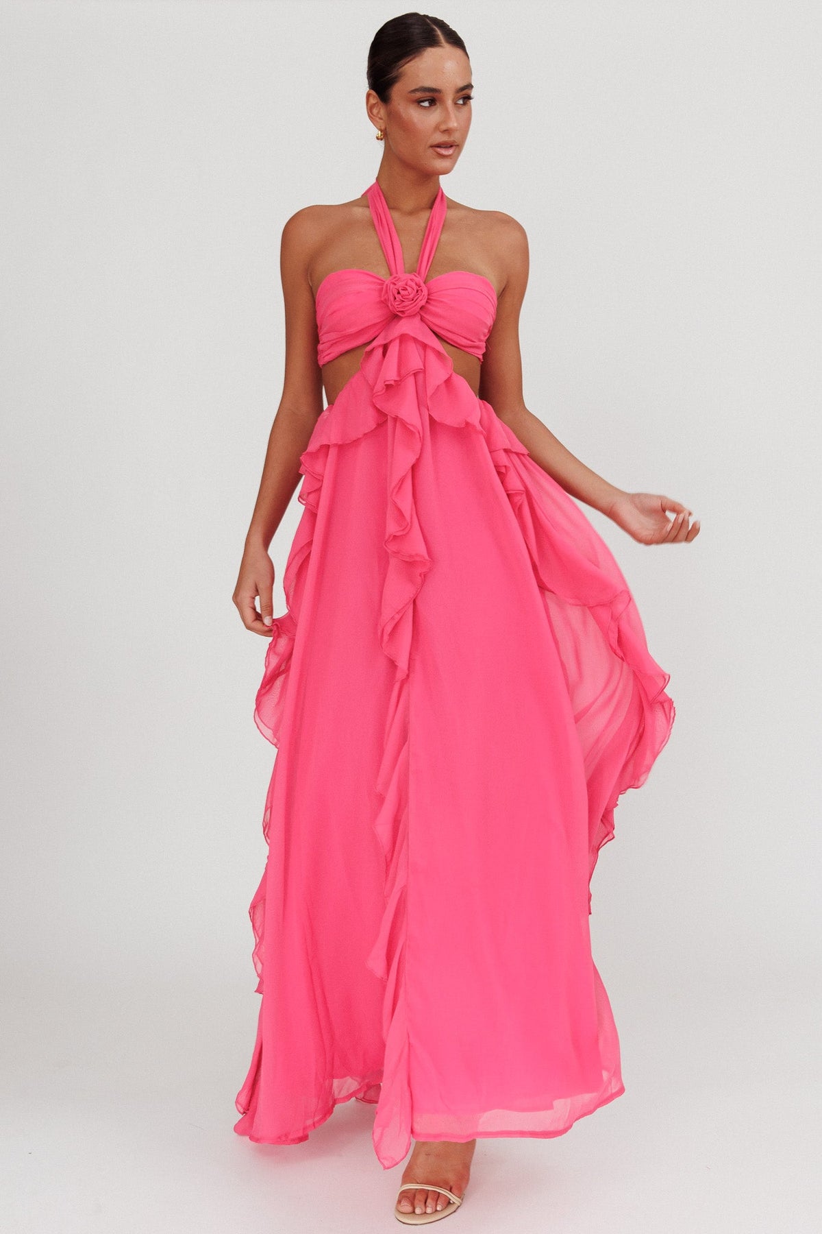 Vestido largo con volantes recortados Santiago Fucsia
