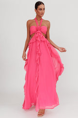 Vestido largo con volantes recortados Santiago Fucsia
