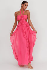 Vestido largo con volantes recortados Santiago Fucsia