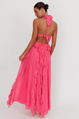 Vestido largo con volantes recortados Santiago Fucsia