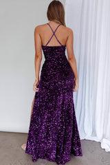 Vestido Bellerose Roxo de Lantejoulas com Fenda na Perna