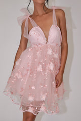 Minivestido Embellished de Ombro Atado Rosa Spring Bloom