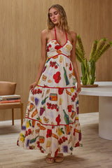 Vestido largo Asiah Gathered Bust Halterneck con estampado blanco