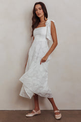 Vestido Midi com Ombro Bufante Jeanie Branco em Relevo