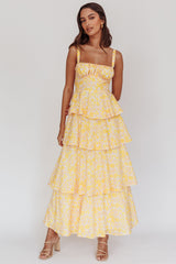 Vestido largo con volantes y estampado floral Provence Bloom, amarillo