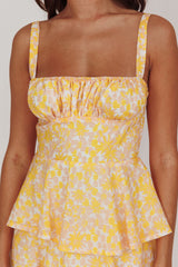 Vestido largo con volantes y estampado floral Provence Bloom, amarillo