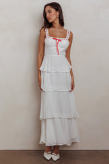 Vestido largo con volantes escalonados Provence Bloom blanco roto