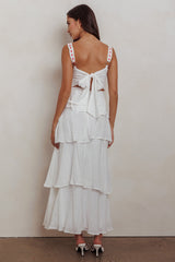 Vestido largo con volantes escalonados Provence Bloom blanco roto