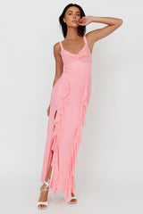 Vestido longo Hollianna com babados e fenda, cor blush