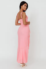 Vestido longo Hollianna com babados e fenda, cor blush