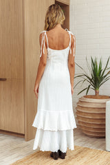 Vestido Longo Branco com Babados e Amarração nos Ombros Manhattan Summer