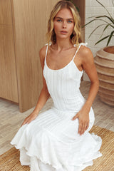 Vestido Longo Branco com Babados e Amarração nos Ombros Manhattan Summer