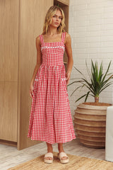Vestido largo Elderflower con bolsillo delantero, a cuadros rojos