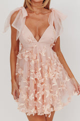 Minivestido con hombros anudados Chantilly, floral adornado, rosa