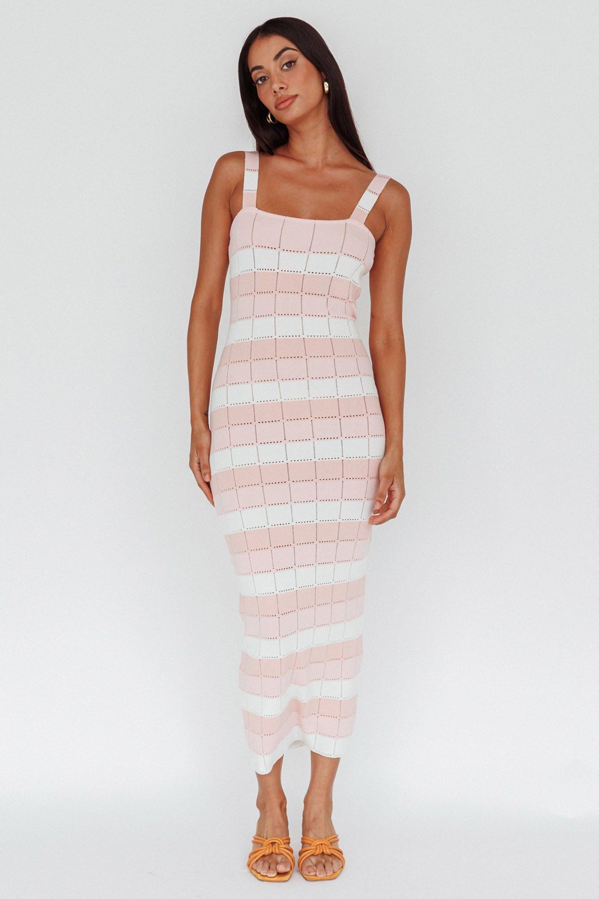 Vestido Midi de Tricô Listrado Rosa Chase The Sunrise