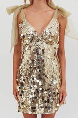 Minivestido de lentejuelas con hombros anudados Mykonos Morning oro