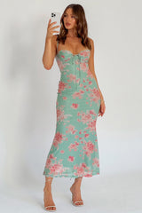 Vestido midi de malla Fortune con ribete de encaje, verde