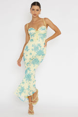 Vestido midi de malla con ribete de encaje Fortune, amarillo
