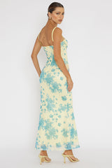 Vestido midi de malla con ribete de encaje Fortune, amarillo