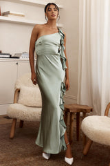 Vestido Longo Jayda de Um Ombro com Babado Salvia
