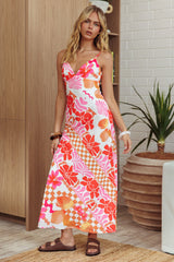 Vestido largo acampanado Jaya Floral a cuadros naranja