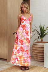 Vestido largo acampanado Jaya Floral a cuadros naranja