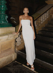 Vestido largo sin tirantes de sasafrás con abalorios - Blanco