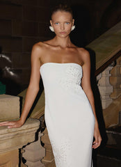 Vestido largo sin tirantes de sasafrás con abalorios - Blanco