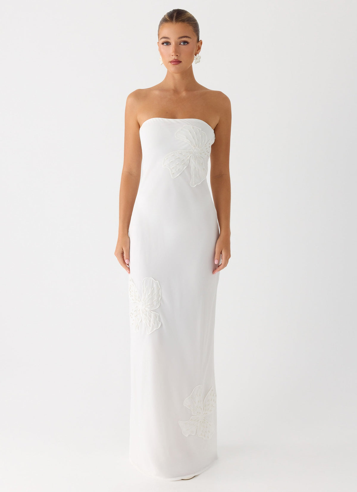 Vestido largo sin tirantes de sasafrás con abalorios - Blanco