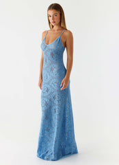 Vestido longo de crochê Zelella - Azul Brilhante