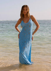 Vestido longo de crochê Zelella - Azul Brilhante