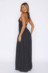 Vestido largo halter Sweet Temptation de lunares blanco y negro